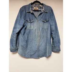 G E Schmidt Workwear Womens Denim Shirt‎ Blue Plaid Long Sleeve Button Up Top